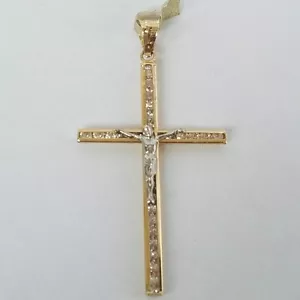 14K Solid Yellow White gold Crucifix Cross Religious Pendant Lab Created Diamond - Picture 1 of 8