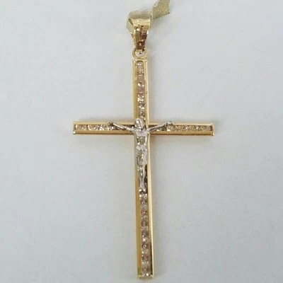 14K Solid Yellow White gold Crucifix Cross Religious Pendant Lab Created Diamond - Image 1 of 4