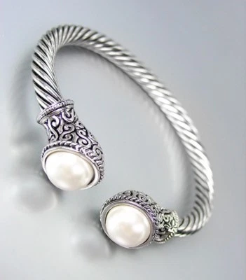 UNIQUE Silver Cable White Pearl BALINESE Filigree End Tips Cuff Bracelet - Image 1 of 4
