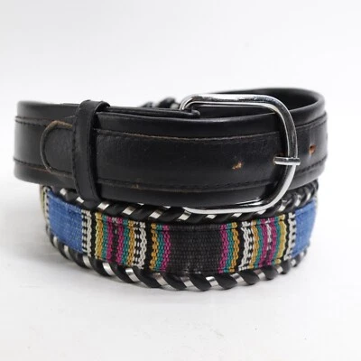 Vintage Southwestern Belt 32 Leather Steel Lace Multicolor Tapestry Brass Buckle - Image 1 of 4
