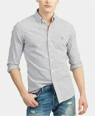 Polo Ralph Lauren Hombre Manga Larga Camisa Oxford Blanco Azul Marino Borgoña Talla Grande Foto 1 de 4