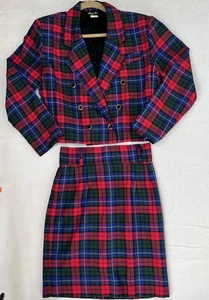 Women's Jacket Skirt Set Red Blue Plaid Size Small Medium Vintage 80’s - Picture 1 of 16