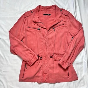 Max Jeans Women's M Pink Denim Jacket - Spring Zip-up Cargo Pockets Adjustable - Picture 1 of 19