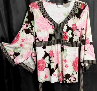 L XL ING ESTILO ORIENTAL BABYDOLL KIMONO MANGAS ABERTURA PUNTO CEÑIDO CORBATA PARTE TRASERA TOP Foto 1 de 4