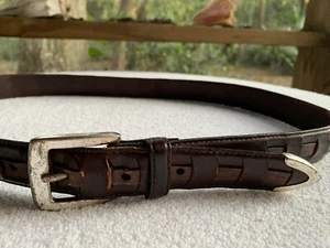 Western Belt Mens 36 Top Grain Leather Brown Woven Detail Silver Buckle & Tip - Picture 1 of 12