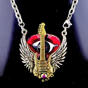 Winged Steam Punk Strat Guitar Pick Holder Pendant Artist Signed USA 2014 - Picture 1 of 2