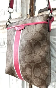 Coach Signature Pink Striped Edition Crossbody Shoulder Hamilton Travel Thin Bag - Picture 1 of 7