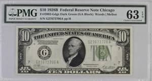 1928B $10 Federal Reserve Chicago PMG 63 - EPQ Choice Uncirculated FR#2002-GDGS - Picture 1 of 2