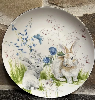 New With Tag Rare Williams Sonoma Floral Meadow Bunny Spring Dinner Plate 9" - Image 1 of 4