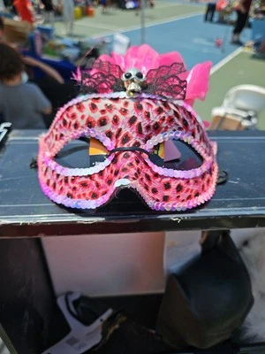 AT HOME ANIMAL PRINT MASK Halloween MARDI GRAS PARTY Feathers Skull Sequins PINK - Image 1 of 3