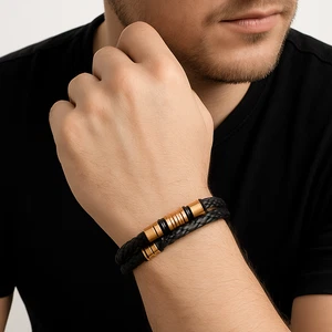 Gold Bracelet Men | Mens Black Leather Bracelet | Steel Black Leather Bracelet - Picture 1 of 9