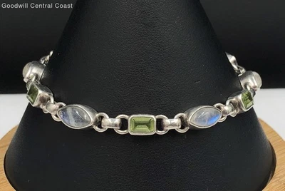 925 Silver W/ Moonstone & Peridot In Bezel Links Toggle Clasp Bracelet - Image 1 of 4