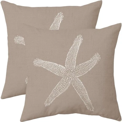 🏖️ Tan Starfish Ocean Print Throw Pillow Covers 18x18 Set of 2 Coastal - Image 1 of 4