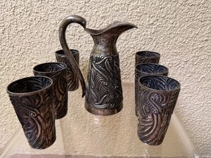 LICO VINTAGE MEXIKO STERLINGSILBER REPOUSSE KRUG SET MIT 6 KELCHEN 1239 GRAMM - Bild 1 von 13