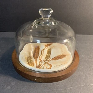 Vintage Goodwood Round Glass Covered Wood Serving Tray Wheat Tile MCM 7.5" - Picture 1 of 7
