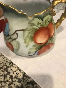 Hand Painted Cider Pitcher Artist Signed Irene burgess Peaches Butterfly Trimmed - Picture 1 of 4