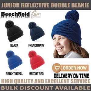 Beechfield Junior Reflective Bobble kids Beanie Hat Pom 100% Acrylic Unisex - Picture 1 of 10