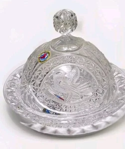 Hofbauer Byrdes Dome CHEESE DISH Lid Lead Crystal Bird Clear Cut Glass Germany - Picture 1 of 11