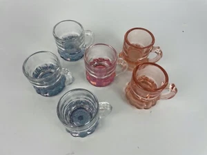 Set of 6 Vintage FEDERAL Glass Company Blue & Pink Steins Mini Mug SHOT Glass - Picture 1 of 5