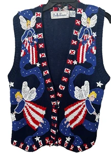 BELLE POINTE Christmas Vest Cardigan Angels Blue Red Cotton Sz S - Picture 1 of 7
