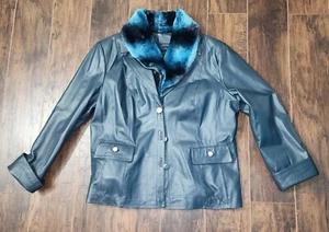 Terry Lewis Classic Luxuries Leather Jacket Faux Fur Collar Size 1x Blue/ Aqua - Picture 1 of 12