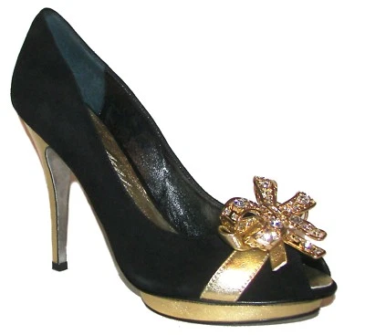 BEVERLY FELDMAN Black/Gold  Suede Leather Heels Open Toe Shoes 8M - Image 1 of 4