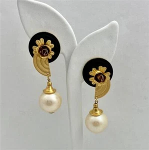 Vintage Matte Gold Tone Black Enamel Faux Pearl Long Floral Dangle Earrings - Picture 1 of 4