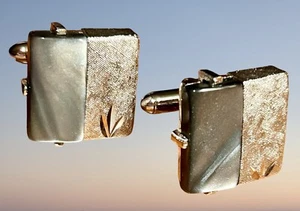 Swank Grey Agate/Textured Silver Cufflinks Small Leaf Pattern  Boxed New Other - Picture 1 of 8