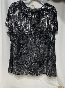 Liz Claiborne Shimmer Silver And Black Short Sleeve 2x Blouse - Picture 1 of 6