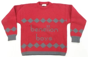 Rare VTG BENETTON BOYS Spell Out Diamond Pattern Knit Sweater 90s Red Gray Youth - Picture 1 of 8