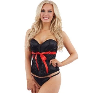 Sexy Self Stripe Basque and Thong Lingerie Set Black Red - Picture 1 of 2