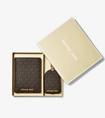 JUEGO DE CAJA DE VIAJE MICHAEL KORS 2 piezas MK Marrón Saffiano Maleta de pasaporte Etiqueta de equipaje Foto 1 de 3