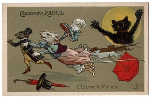 1910 Schwarze Katze jagt anthropomorphe Mäuse - Vintage Fantasy Maus Postkarte - Bild 1 von 2
