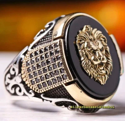 Anel masculino turco feito à mão prata esterlina 925 cabeça de leão preto pedra presente 001 - Imagem 1 de 4
