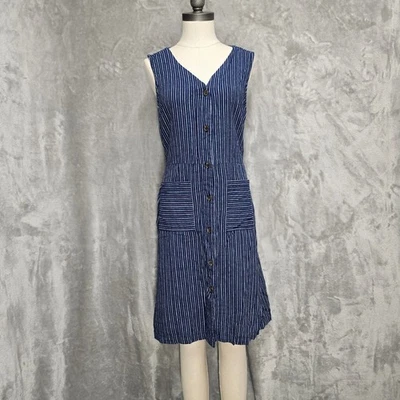 Old Navy Womens Dress Medium Blue White Striped Sleeveless Button Down Pockets - Image 1 of 4