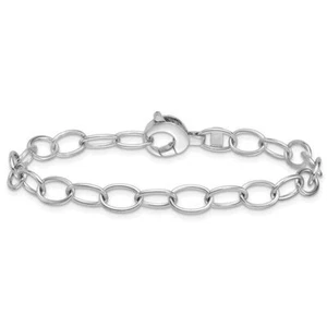14K Solid White Gold 6.5mm Oval Link Chain Bracelet - Picture 1 of 12