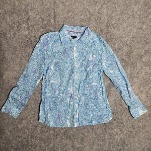 Talbots Petit Top Women SP Blue White Paisley Floral Pattern Button Blouse - Picture 1 of 6