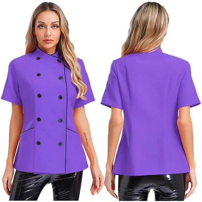 Women Coat Trimming Tops Restaurant Jacket Collar Chef Kitchen Short Sleeve - Image 1 of 4