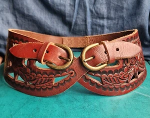 Faith Embossed Brown Leather Corset Belt Double Buckle Viking Bohemian Hippie - Picture 1 of 9