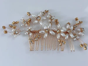 Women Bride Prom Gold Floral Pearl updo Styling Comb hair accessory Clip Pin - Picture 1 of 12