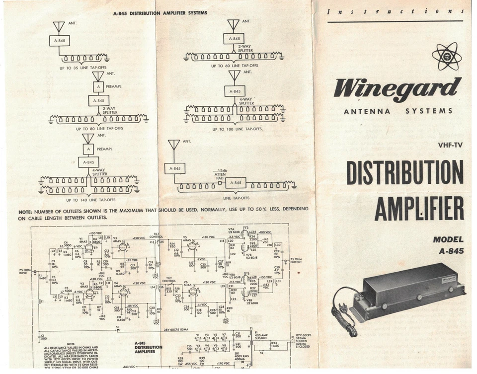 1970s Instruction Sheets Winegard VHF-TV Distribution Amplifier A-845 #352 - Image 1 of 1