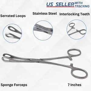 Sponge Forceps Surgical OB/GYN Serrated Jaw 7" Curved Body Piercing German Grade - Picture 1 of 4