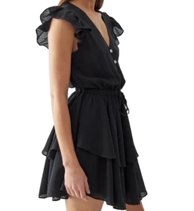 Seduce Women's Ruffled Mini Dress Black Size 10 V Neck Front Button See Thru - Picture 1 of 12