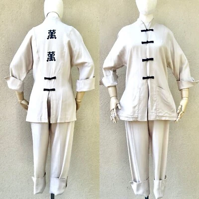 TEA TIMER 50s 1950’s Vintage Lino Hawaiano Túnica Chaqueta Top Pantalón Capris Conjunto XS Foto 1 de 4