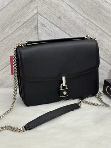 Borsa a tracolla Kate Spade Locket grande patta pelle nera ciottoli tracolla catena nuova con etichette - Foto 1 di 5