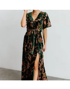 Baltic Born Size S Green Floral Velvet V Neck Short Sleeve Uma Maxi Dress - Picture 1 of 15
