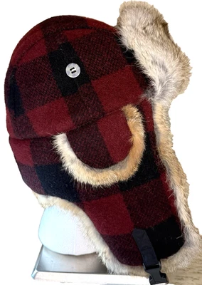 Mad Bomber Wool Blend Trapper Hat Buffalo Check Red Black Real Fur Lg EXCELLENT - Image 1 of 4