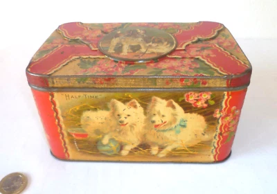 ANCIENNE BOITE À GATEAUX ANGLAISE EN TÔLE LITHOGRAPHIÉE DÉCOR DE CHIENS - Photo 1/4