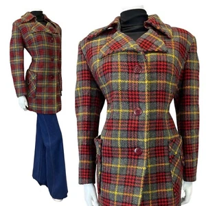 VINTAGE 60s 70s GREY RED YELLOW TARTAN CHECKED MOD WOOL COAT 14 16 - Picture 1 of 7