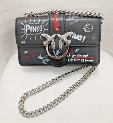OE. PINKO Leather Flap Crossbody Bag Silver Studded Love Birds w/Chain Strap Foto 1 de 4
